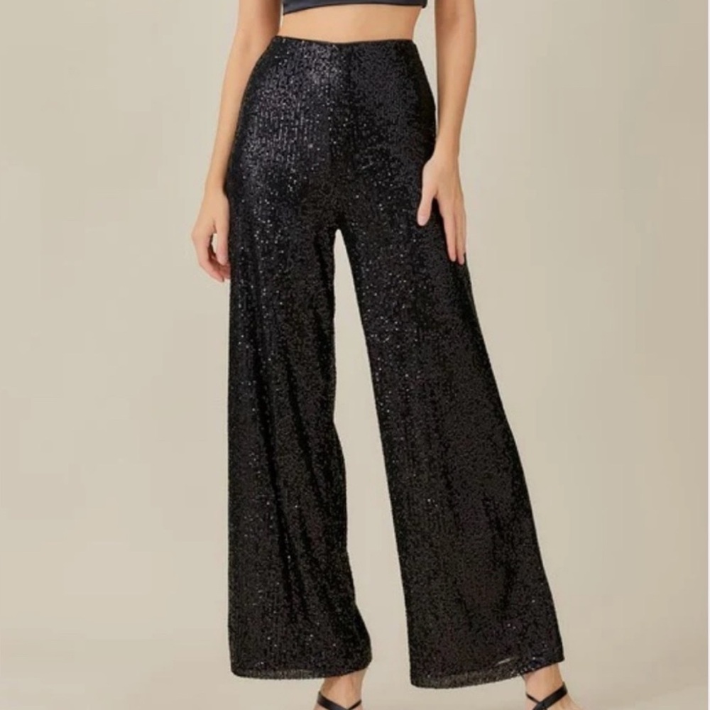 🌼NWT Mustard Seed Black Sequin Wide-Leg Pants